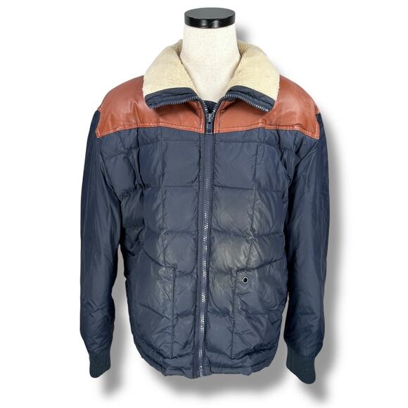 Vintage Schott Down Puffer Jacket Mens 4X Blue Brown Leather Shoulders Sherpa - Picture 1 of 11